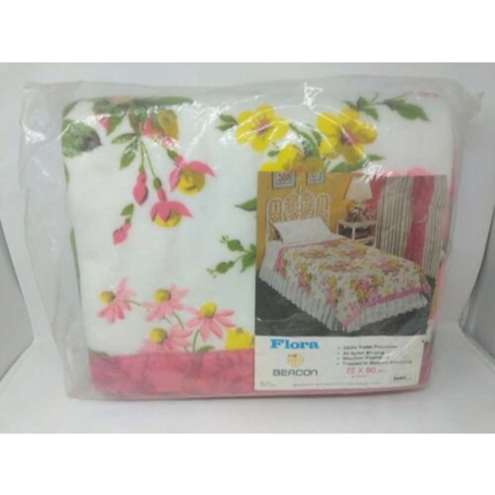 Beacon Flora Pink Yellow Floral Flowers Satin Trim Blanket Twin Size 72 x 90 VTG
